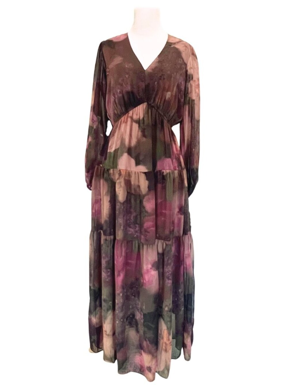 NWT Moody Dark Floral Fall Autumn Semi-Sheer Chiffon Tiered Maxi Dress - Size 2